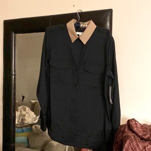 NWT Equipment Garcella lightweight wool blouse in eclipse (black) & camel collar